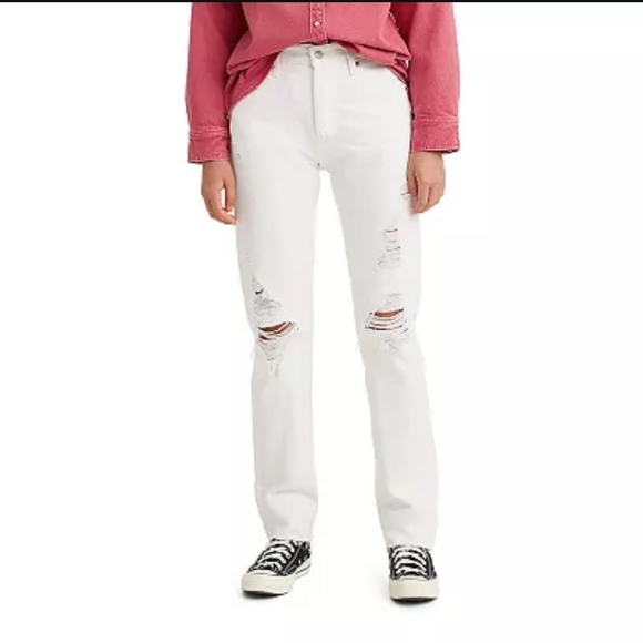 Levi's 501 Original White High Rise Straight Leg Jeans Distressed Size 29X30 - Picture 1 of 16